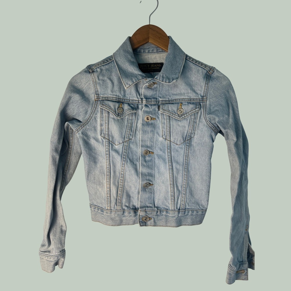 VTG Y2K 00s Juicy Jeans Denim Jacket Wm XS Light Blue Cropped Trucker Made USA
